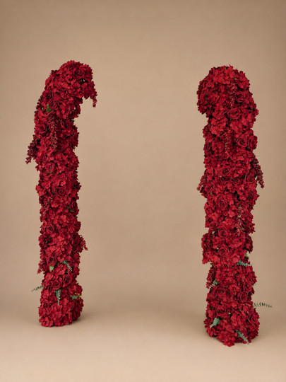 Matched pair of curved Midnight Merlot floral towers covered in deep red blooms
