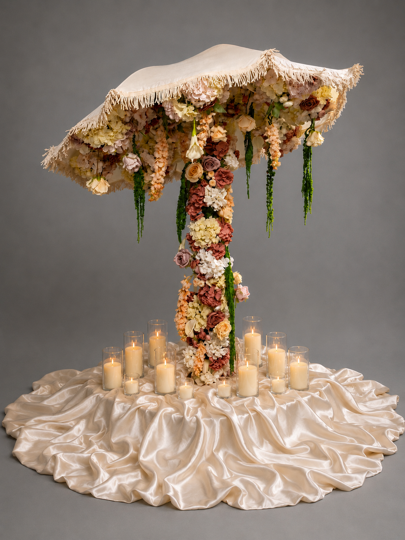 The Whimsy Umbrella rental with an ivory fringed canopy, cascading florals, and candles arranged around its flower-covered base