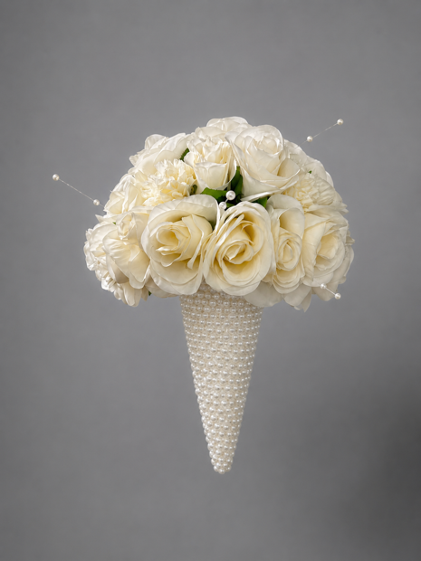 Ivory wedding party bouquet with pearl-wrapped handle and pearl accents