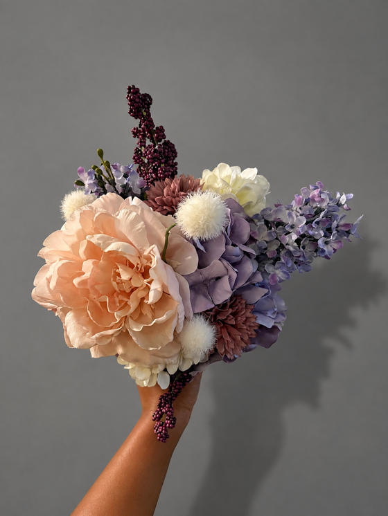 Custom bridal party bouquet with peach peony, lavender hydrangea, ivory pom flowers and burgundy accents