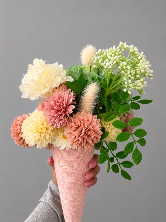 Custom bridal party bouquet in a blush cone with ivory, peach and dusty rose flowers and greenery
